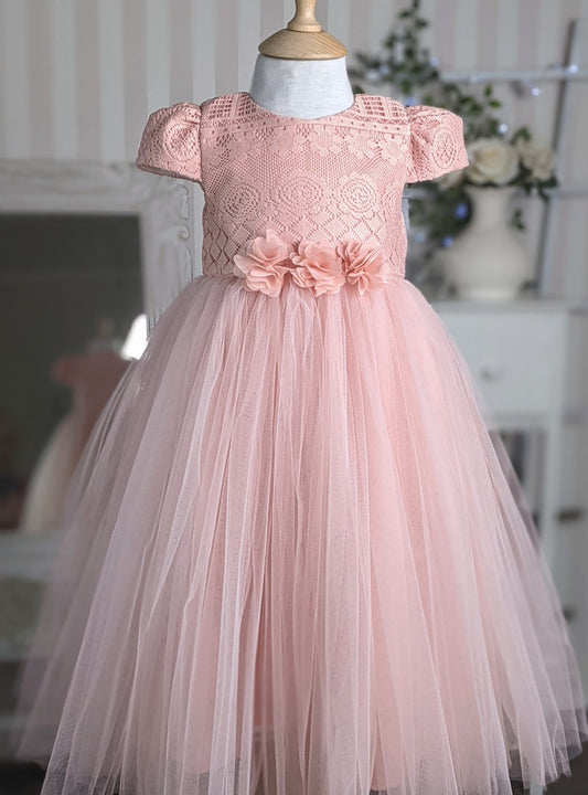 Roze duga haljina do poda od čipke i tila sa ružicama na struku