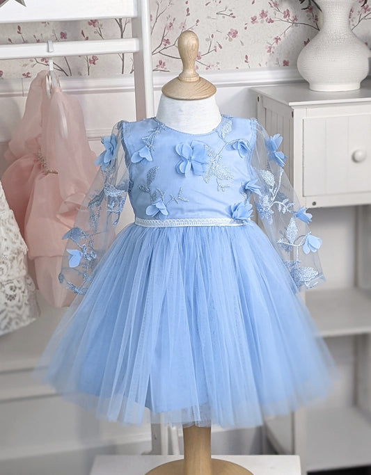 Plava haljina od 3d čipke i tila sa dugim rukavima