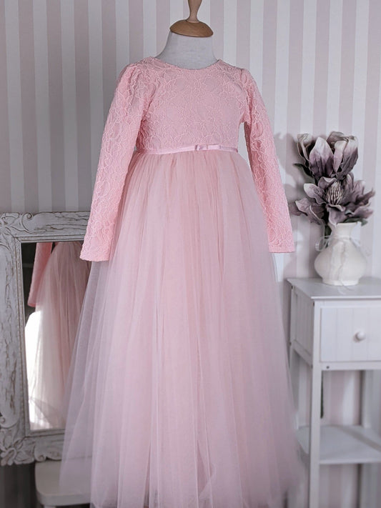 Roze maxi haljina od čipke i tila